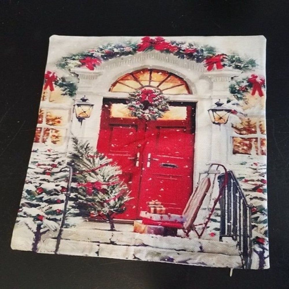 Red Christmas Door Accent Throw Pillow Cover Case Winter House 17" Square